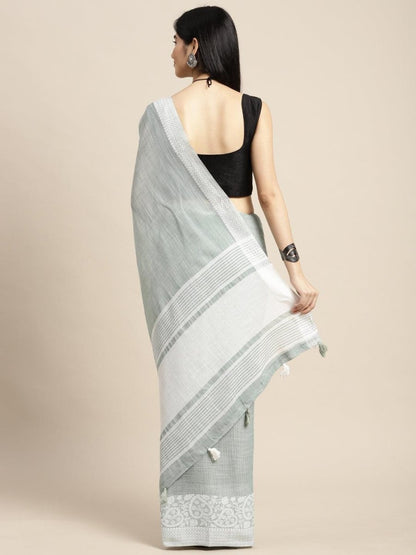 Sea Green Linen Cotton Handloom Saree | EZB SI04 SGGLO-3001 - EZBER