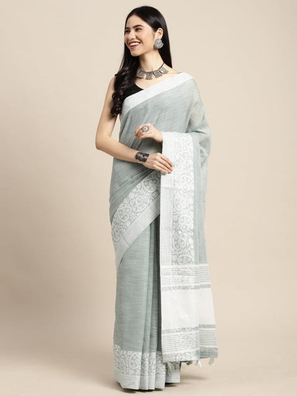 Sea Green Linen Cotton Handloom Saree | EZB SI04 SGGLO-3001 - EZBER