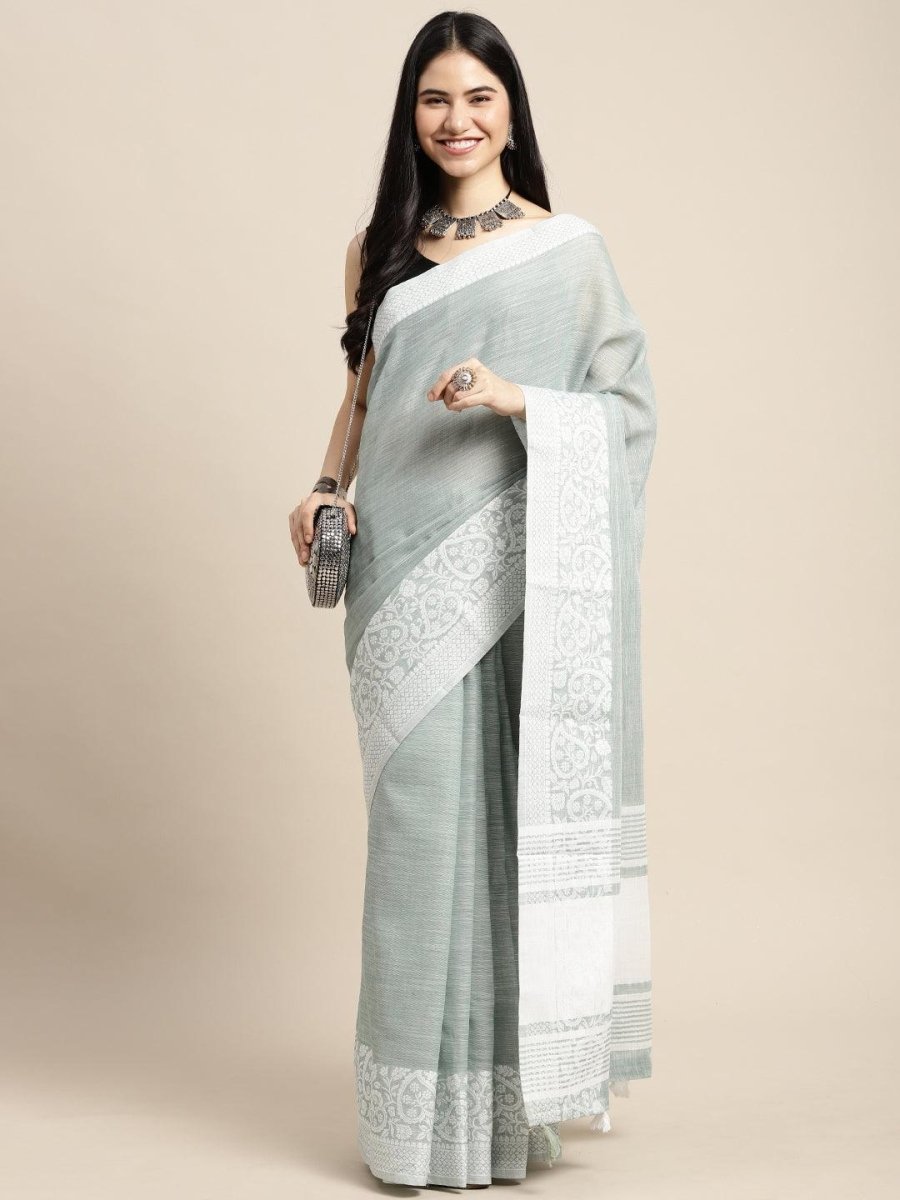 Sea Green Linen Cotton Handloom Saree | EZB SI04 SGGLO-3001 - EZBER