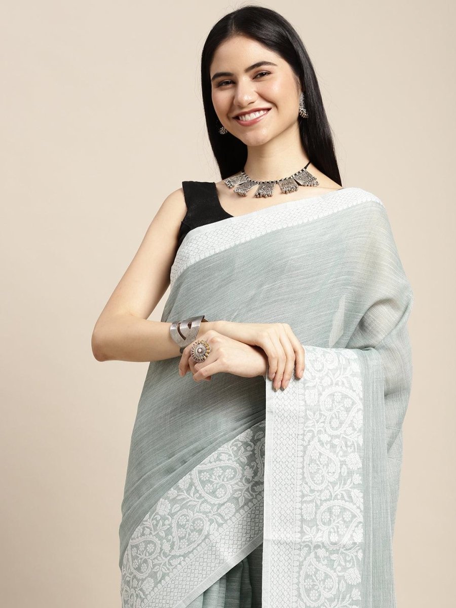 Sea Green Linen Cotton Handloom Saree | EZB SI04 SGGLO-3001 - EZBER