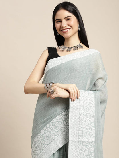 Sea Green Linen Cotton Handloom Saree | EZB SI04 SGGLO-3001 - EZBER