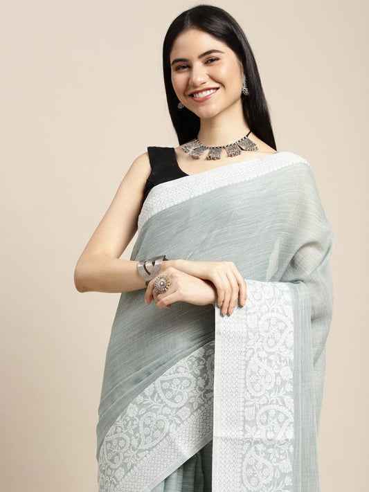 Sea Green Linen Cotton Handloom Saree | EZB SI04 SGGLO-3001 - EZBER