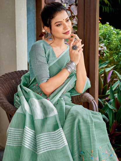 Sea Green Linen Cotton Handloom Saree | EZB SI04 SGKSS1004 - EZBER