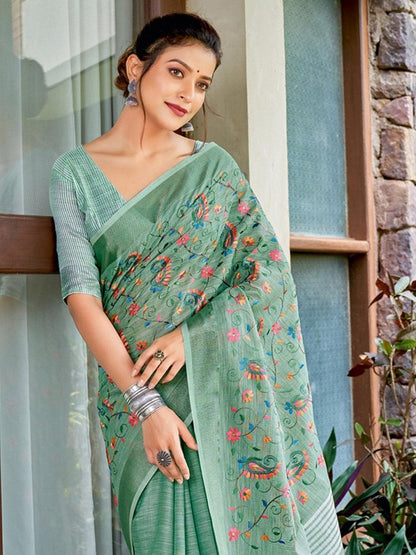 Sea Green Linen Cotton Handloom Saree | EZB SI04 SGKSS1004 - EZBER
