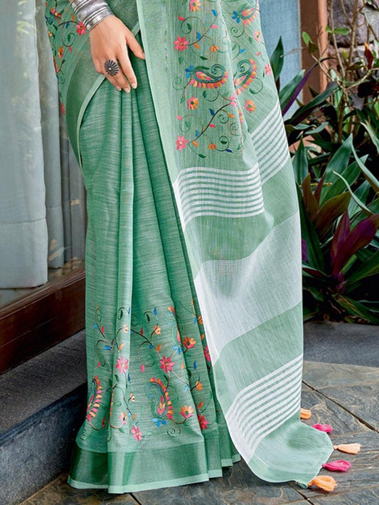 Sea Green Linen Cotton Handloom Saree | EZB SI04 SGKSS1004 - EZBER