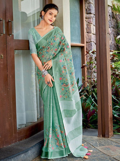 Sea Green Linen Cotton Handloom Saree | EZB SI04 SGKSS1004 - EZBER