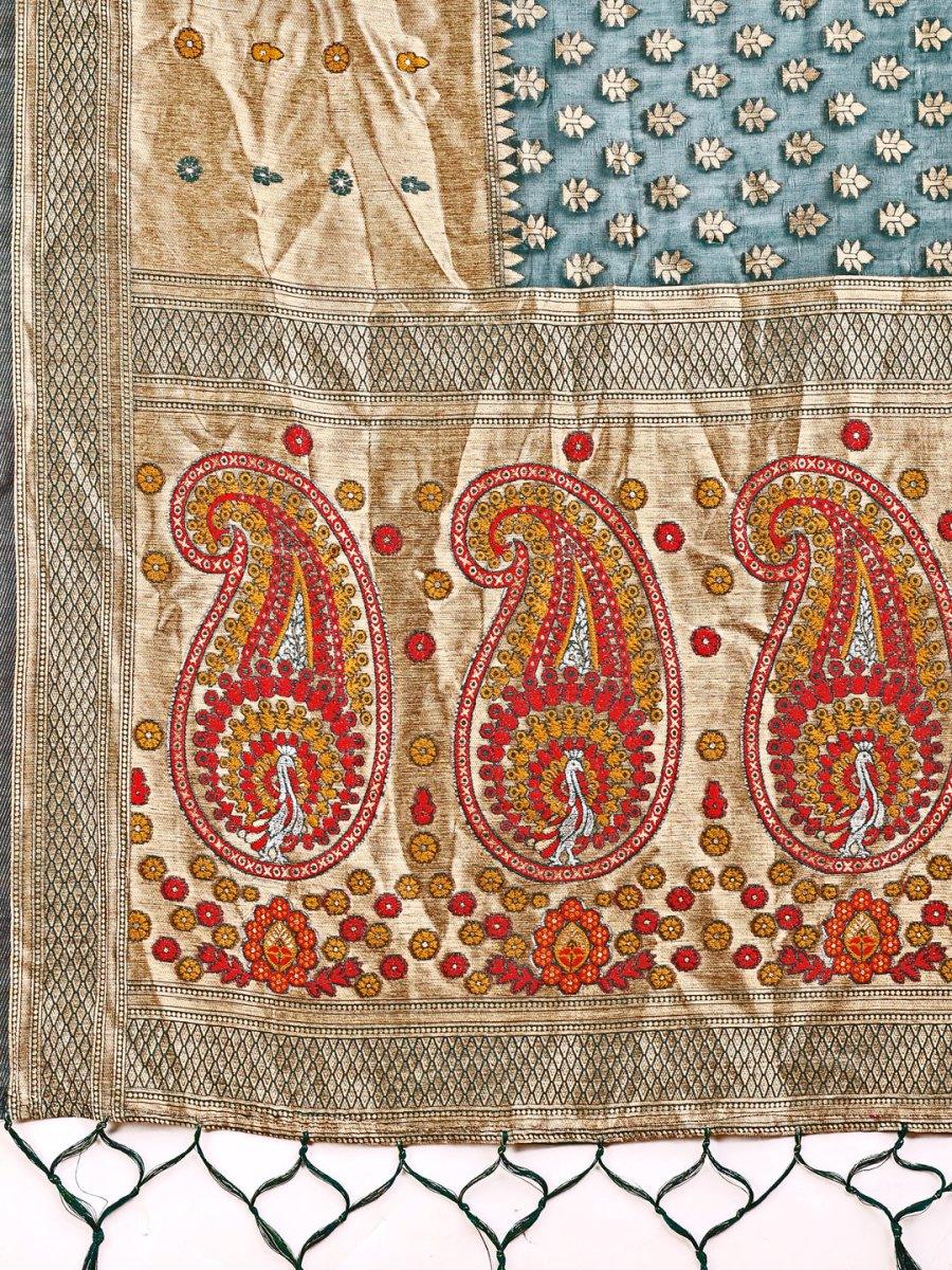 Sea Green Linen Cotton Saree With Blouse Piece - EZBER