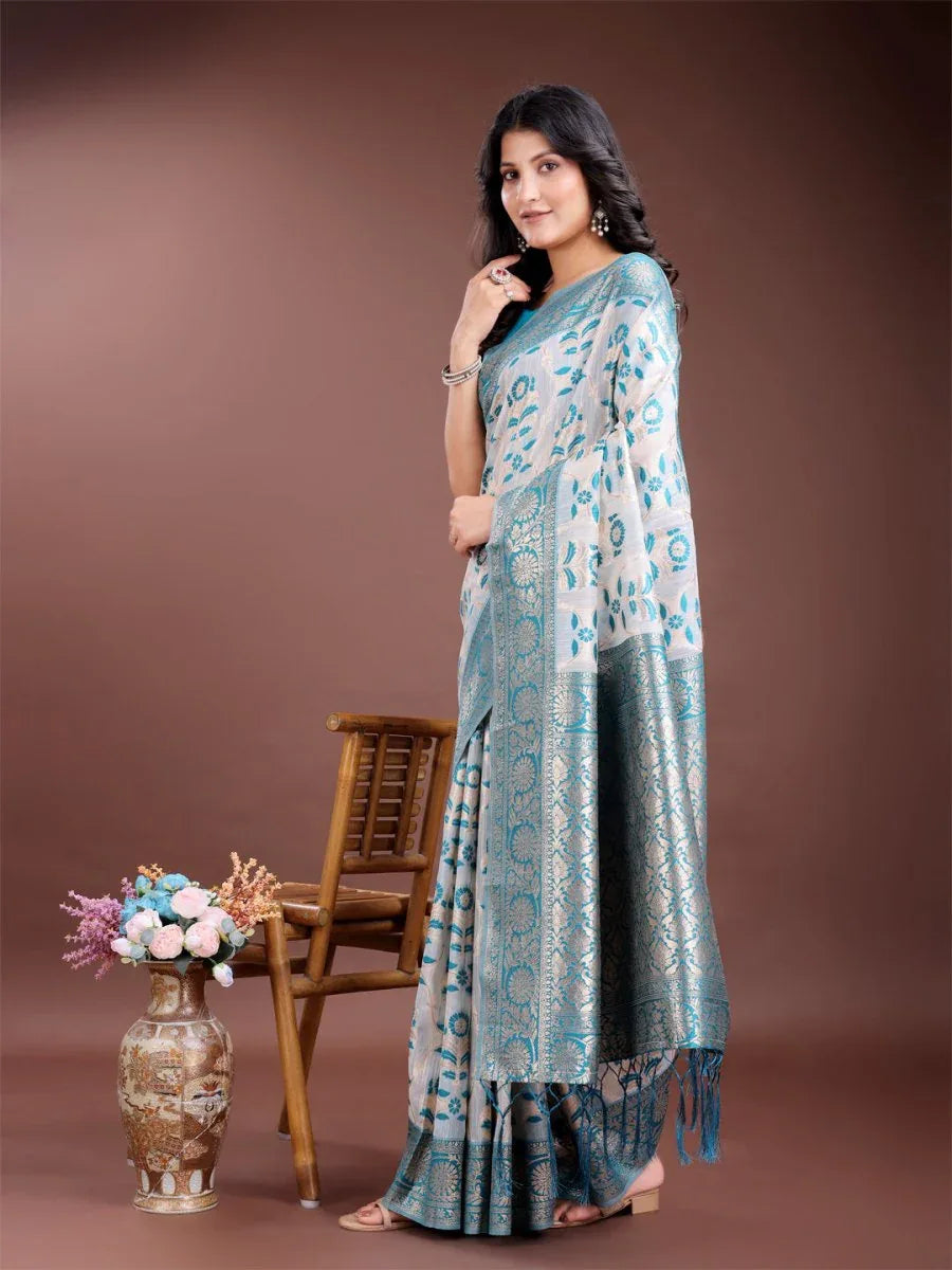 Sea Green Linen Cotton Saree With Blouse Piece - EZBER