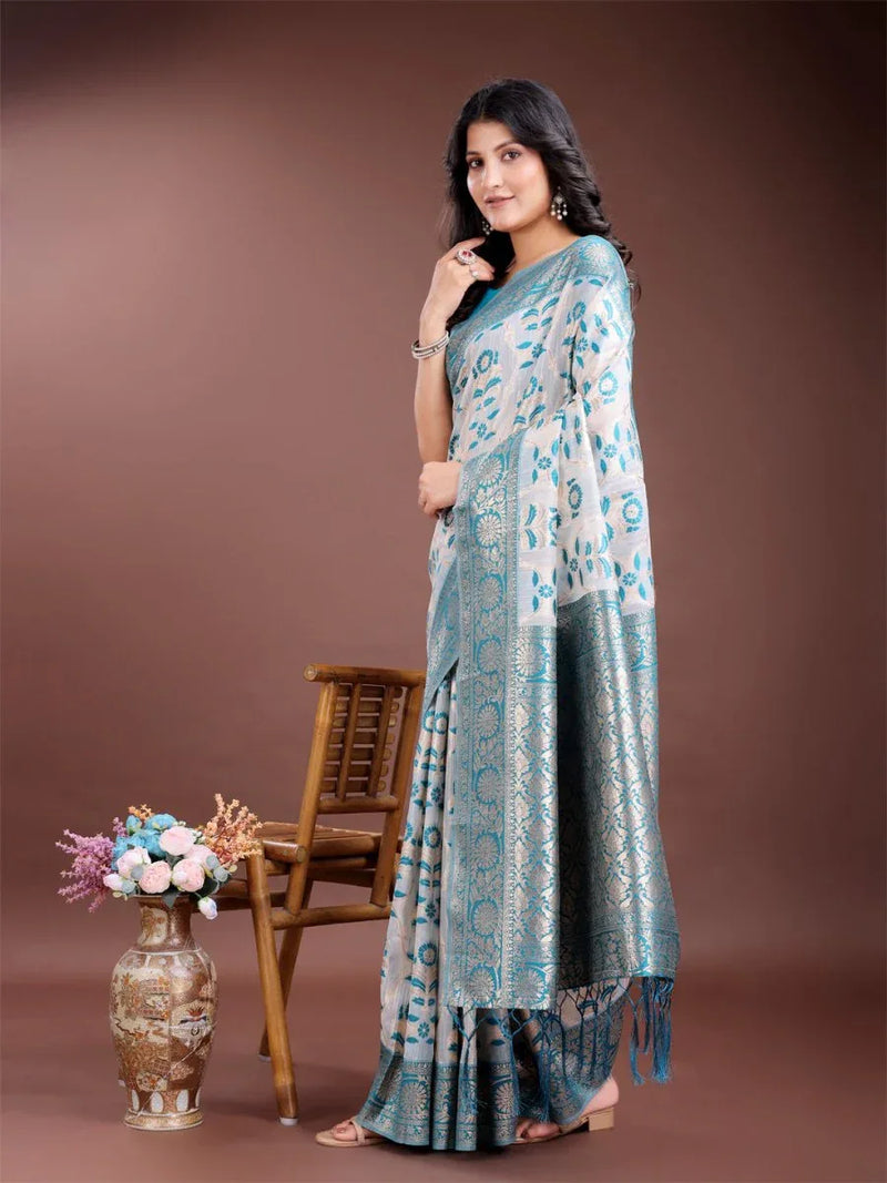 Sea Green Linen Cotton Saree With Blouse Piece - EZBER