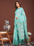 Sea Green Linen Cotton Saree With Blouse Piece - EZBER