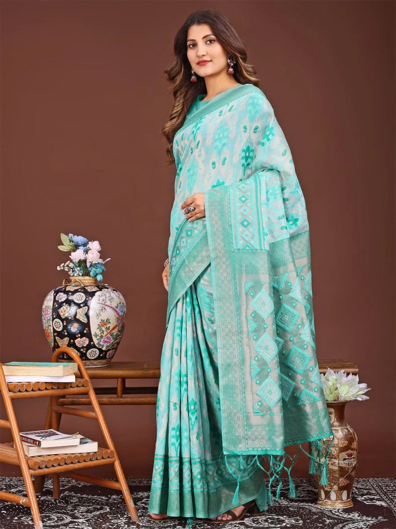 Sea Green Linen Cotton Saree With Blouse Piece - EZBER