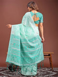 Sea Green Linen Cotton Saree With Blouse Piece - EZBER