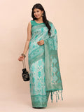 Sea Green Linen Cotton Saree With Blouse Piece - EZBER