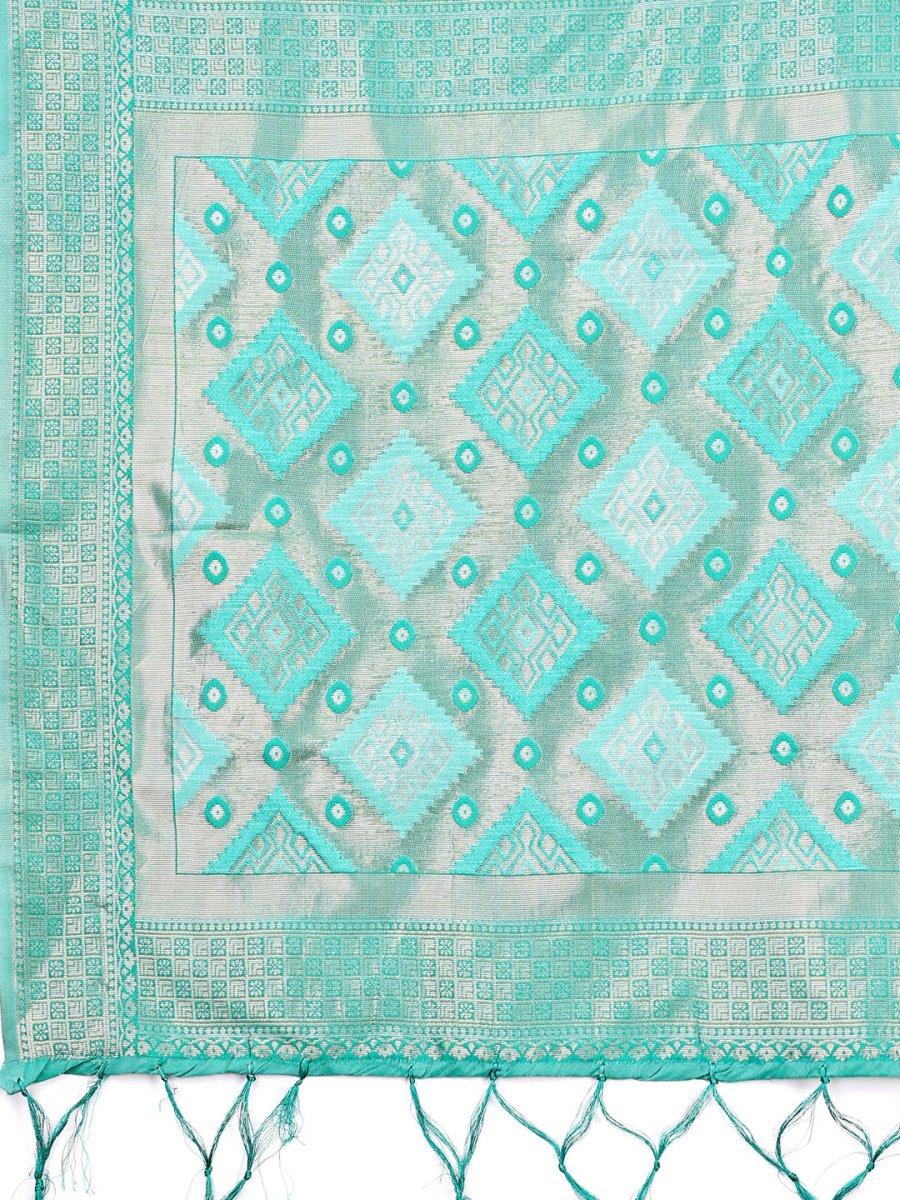 Sea Green Linen Cotton Saree With Blouse Piece - EZBER