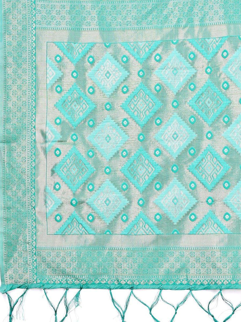 Sea Green Linen Cotton Saree With Blouse Piece - EZBER