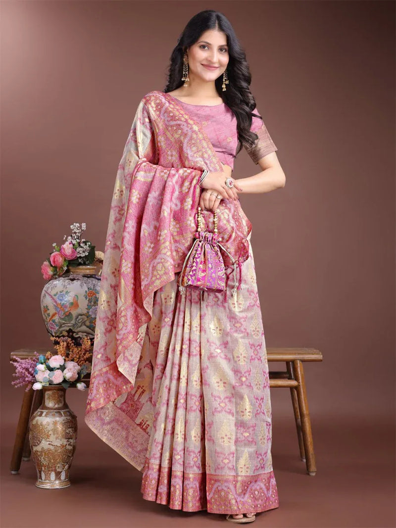 Sea Green Linen Cotton Saree With Blouse Piece - EZBER