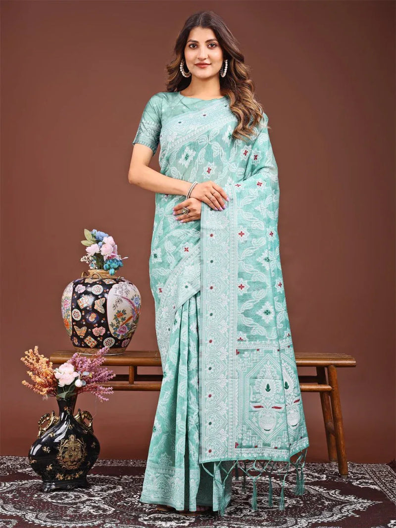 Sea Green Linen Cotton Saree With Blouse Piece - EZBER
