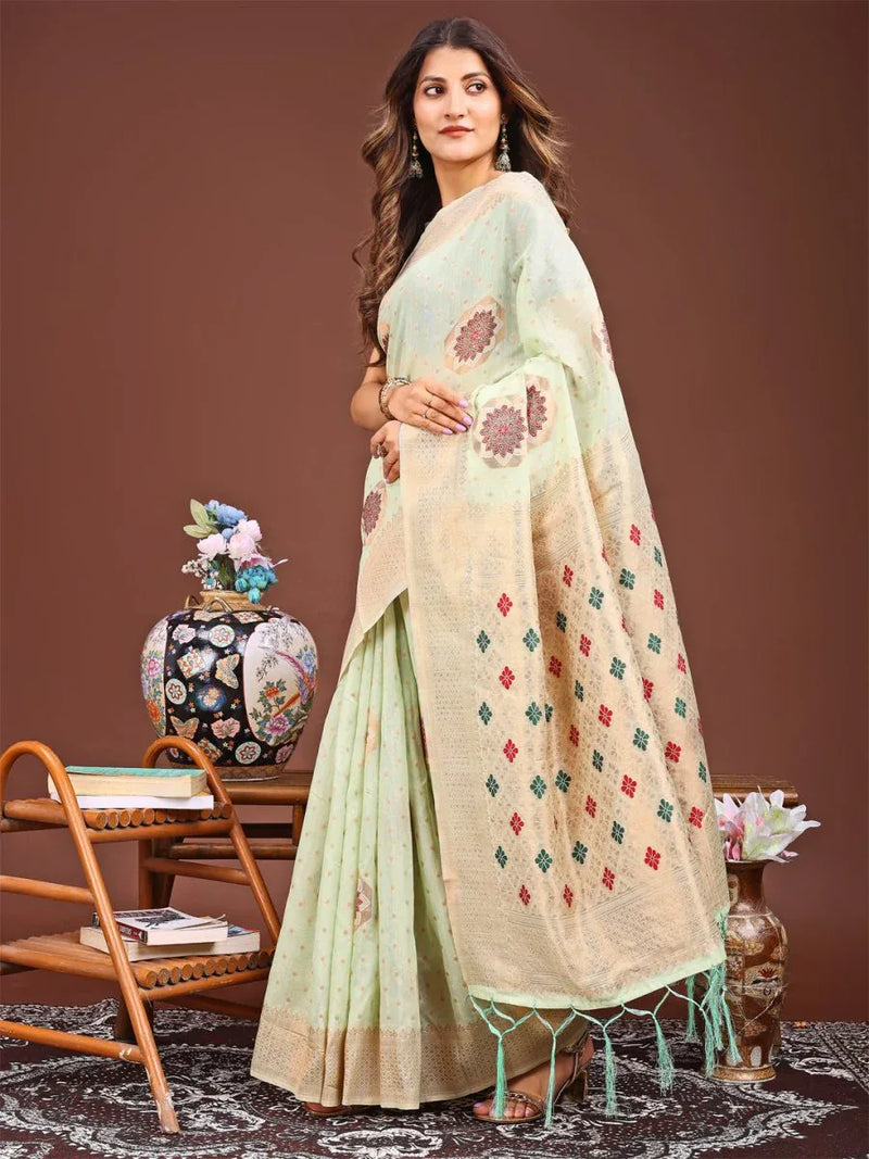 Sea Green Linen Cotton Saree With Blouse Piece - EZBER