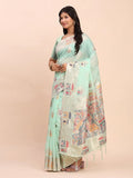 Sea Green LINEN COTTON Saree With Blouse Piece - EZBER