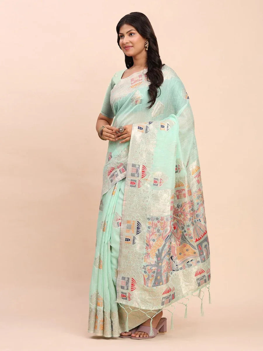 Sea Green LINEN COTTON Saree With Blouse Piece - EZBER