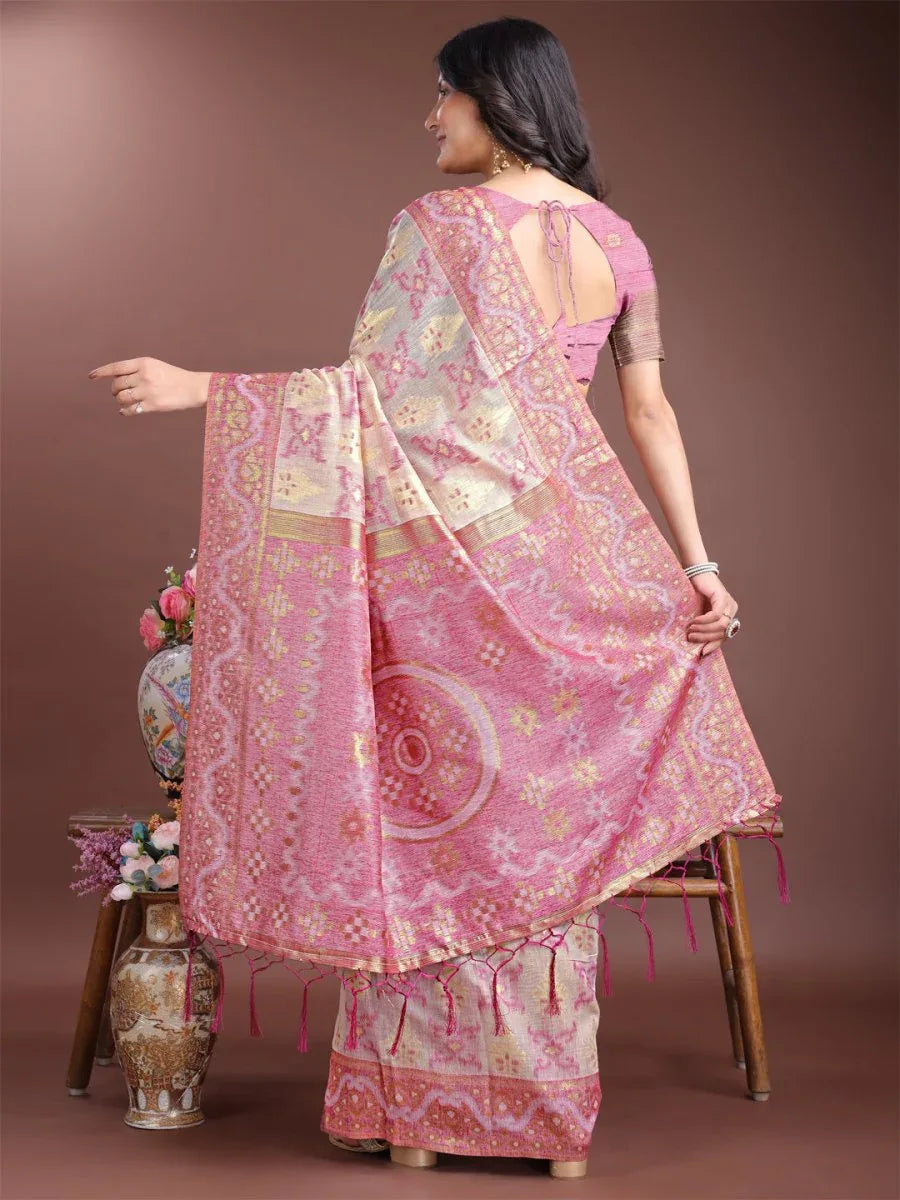 Sea Green Linen Cotton Saree With Blouse Piece - EZBER