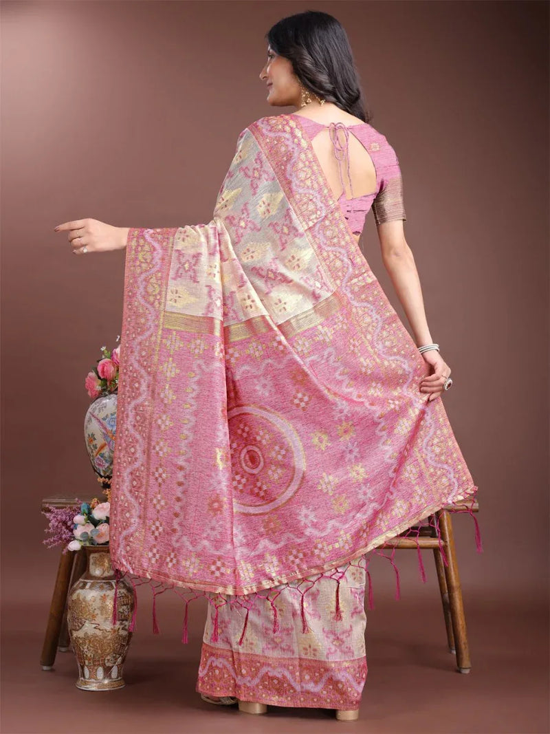 Sea Green Linen Cotton Saree With Blouse Piece - EZBER