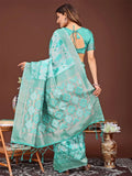 Sea Green Linen Cotton Saree With Blouse Piece - EZBER