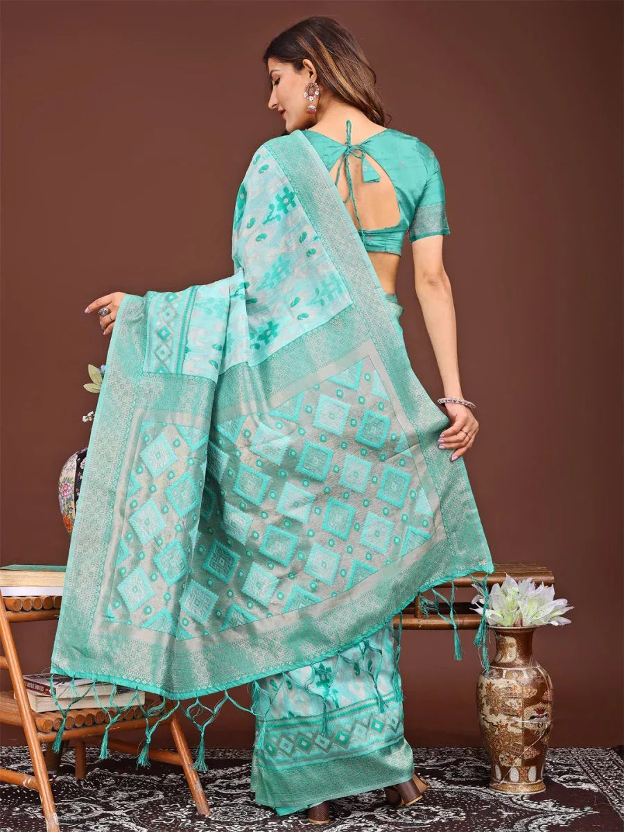 Sea Green Linen Cotton Saree With Blouse Piece - EZBER