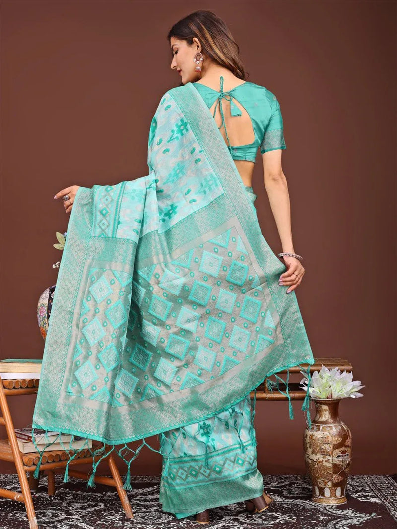 Sea Green Linen Cotton Saree With Blouse Piece - EZBER
