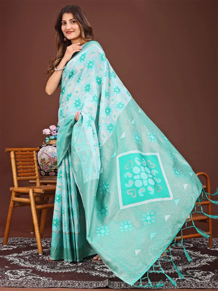 Sea Green Linen Cotton Saree With Blouse Piece - EZBER