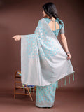 Sea Green Linen Cotton Saree With Blouse Piece - EZBER