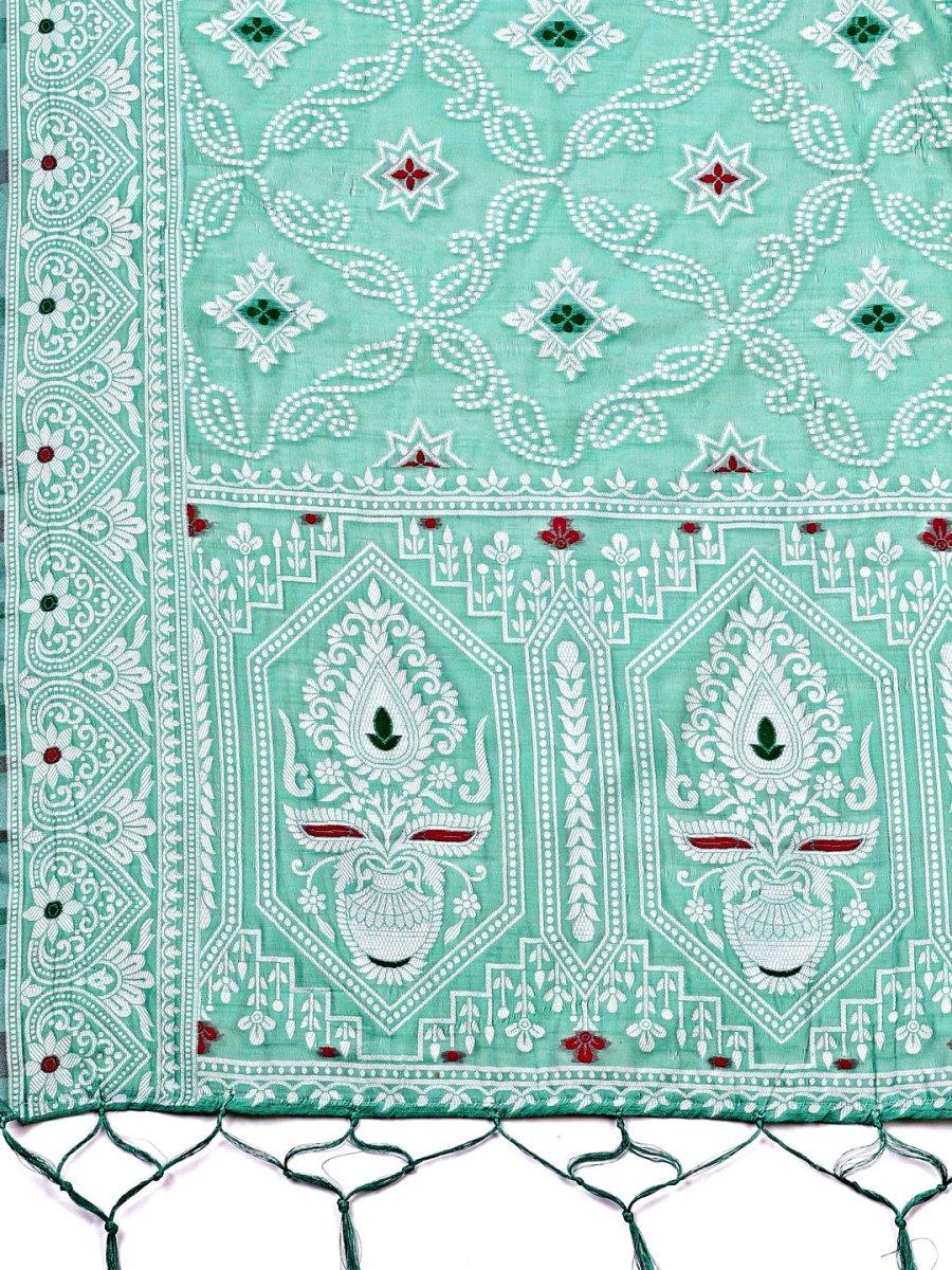 Sea Green Linen Cotton Saree With Blouse Piece - EZBER