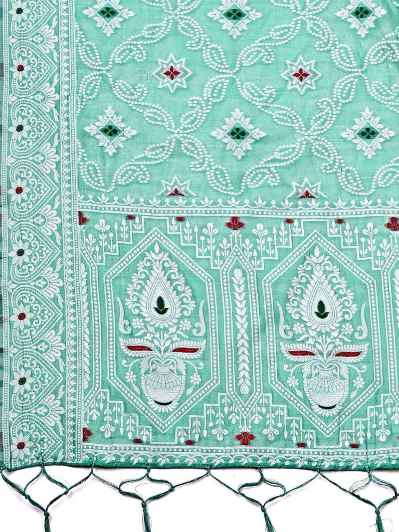 Sea Green Linen Cotton Saree With Blouse Piece - EZBER
