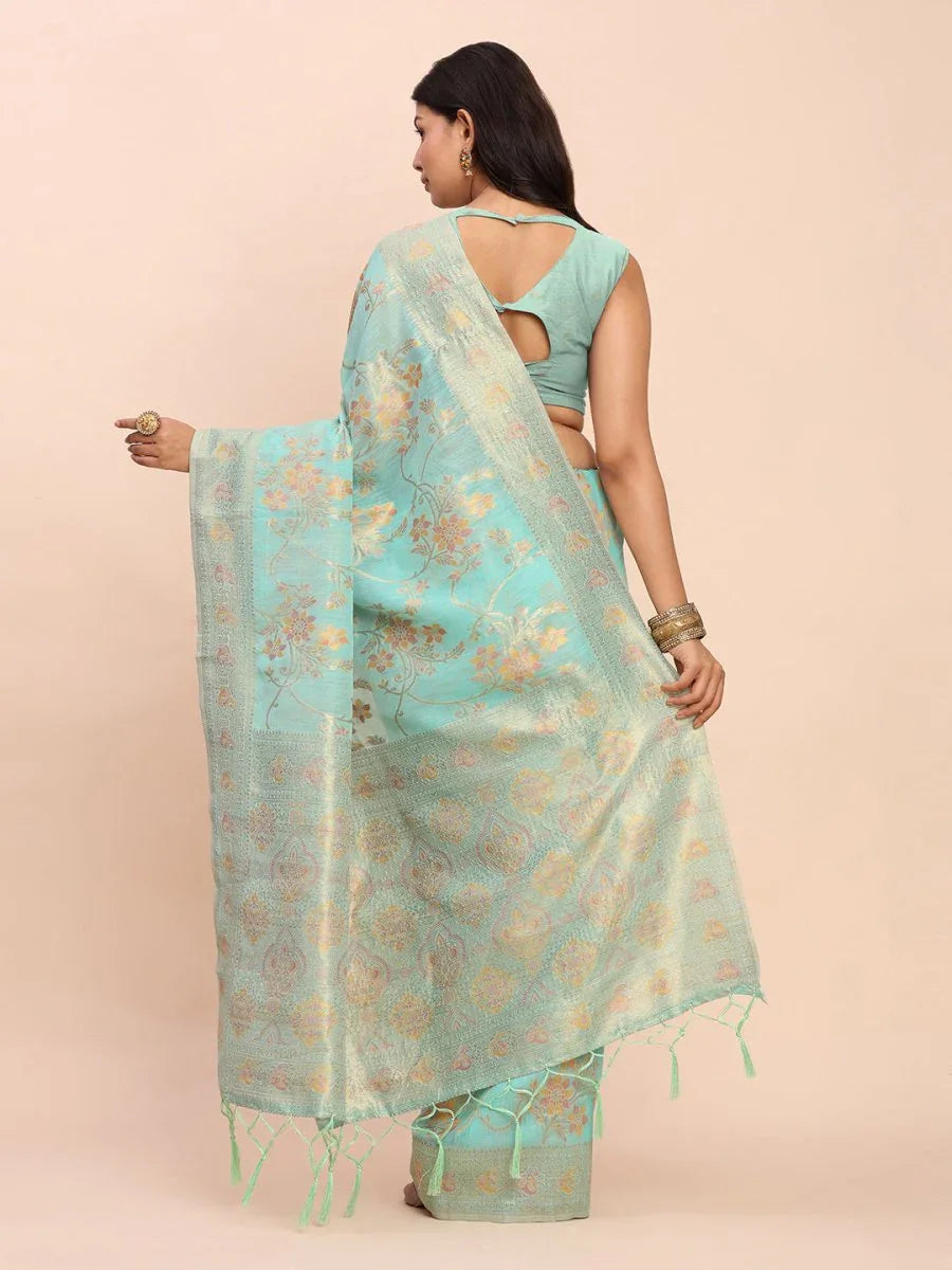 Sea Green Linen Cotton Saree With Blouse Piece - EZBER