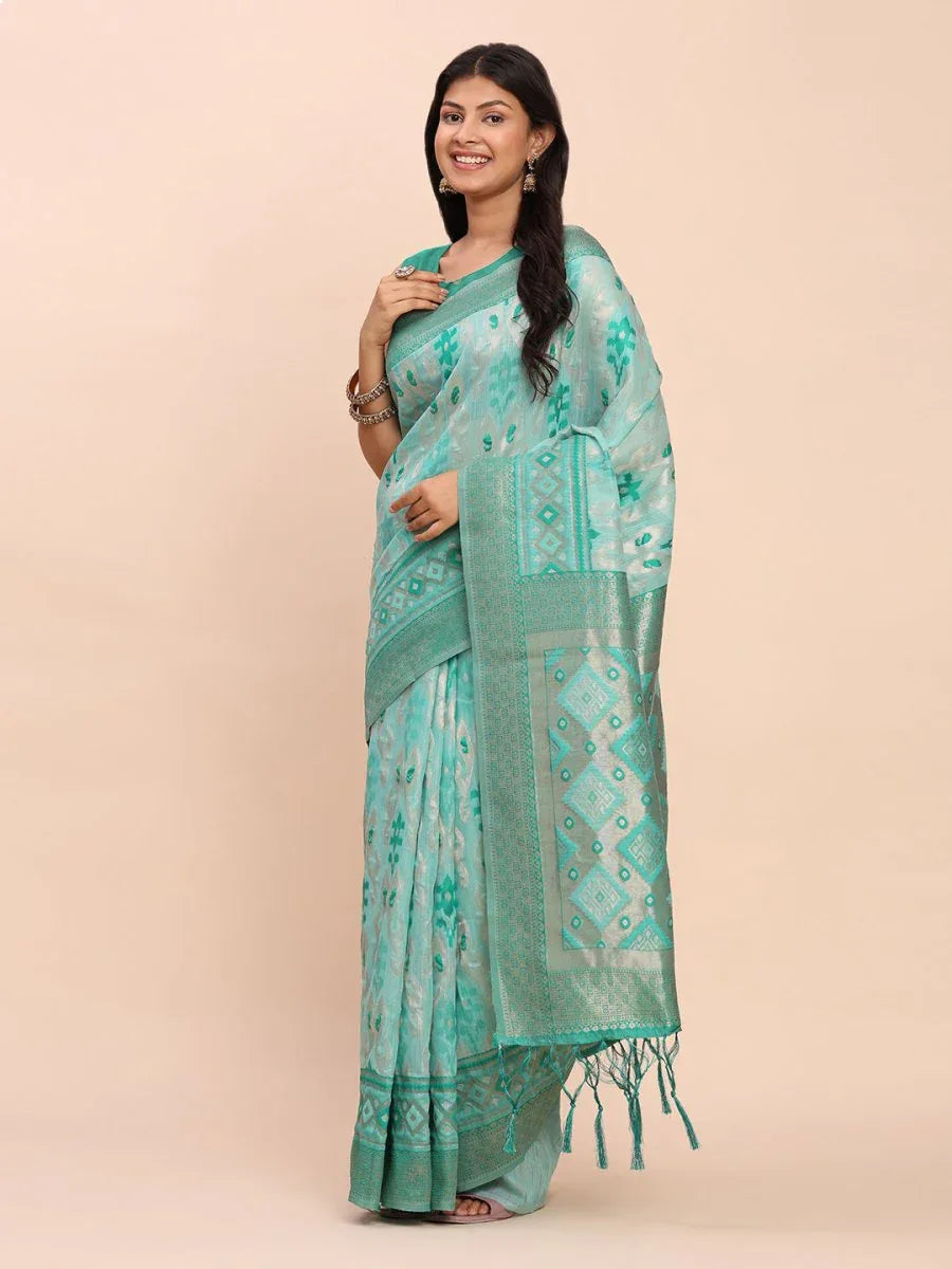 Sea Green Linen Cotton Saree With Blouse Piece - EZBER