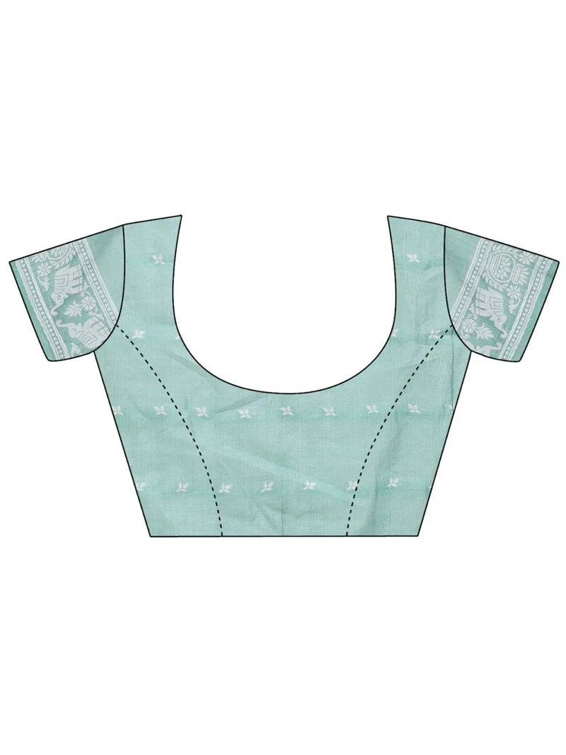 Sea Green Linen Cotton Saree With Blouse Piece - EZBER