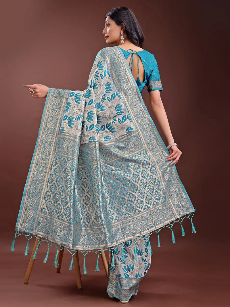 Sea Green Linen Cotton Saree With Blouse Piece - EZBER