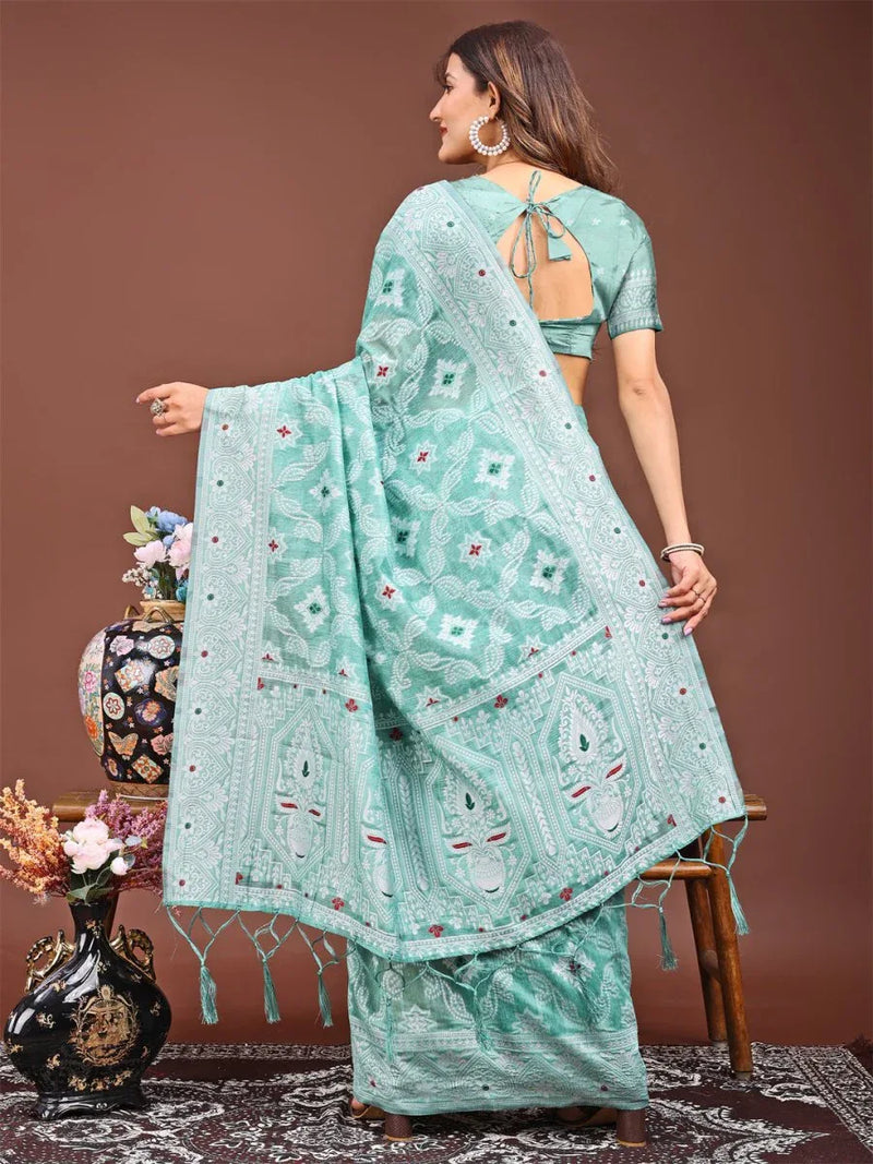 Sea Green Linen Cotton Saree With Blouse Piece - EZBER