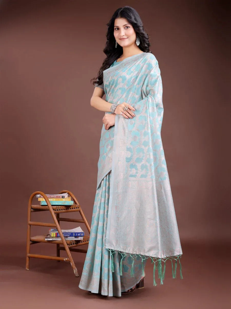 Sea Green Linen Cotton Saree With Blouse Piece - EZBER