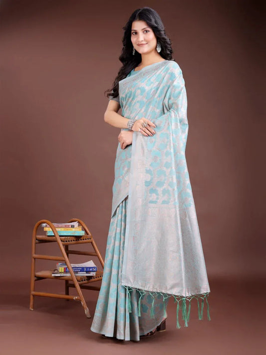 Sea Green Linen Cotton Saree With Blouse Piece - EZBER