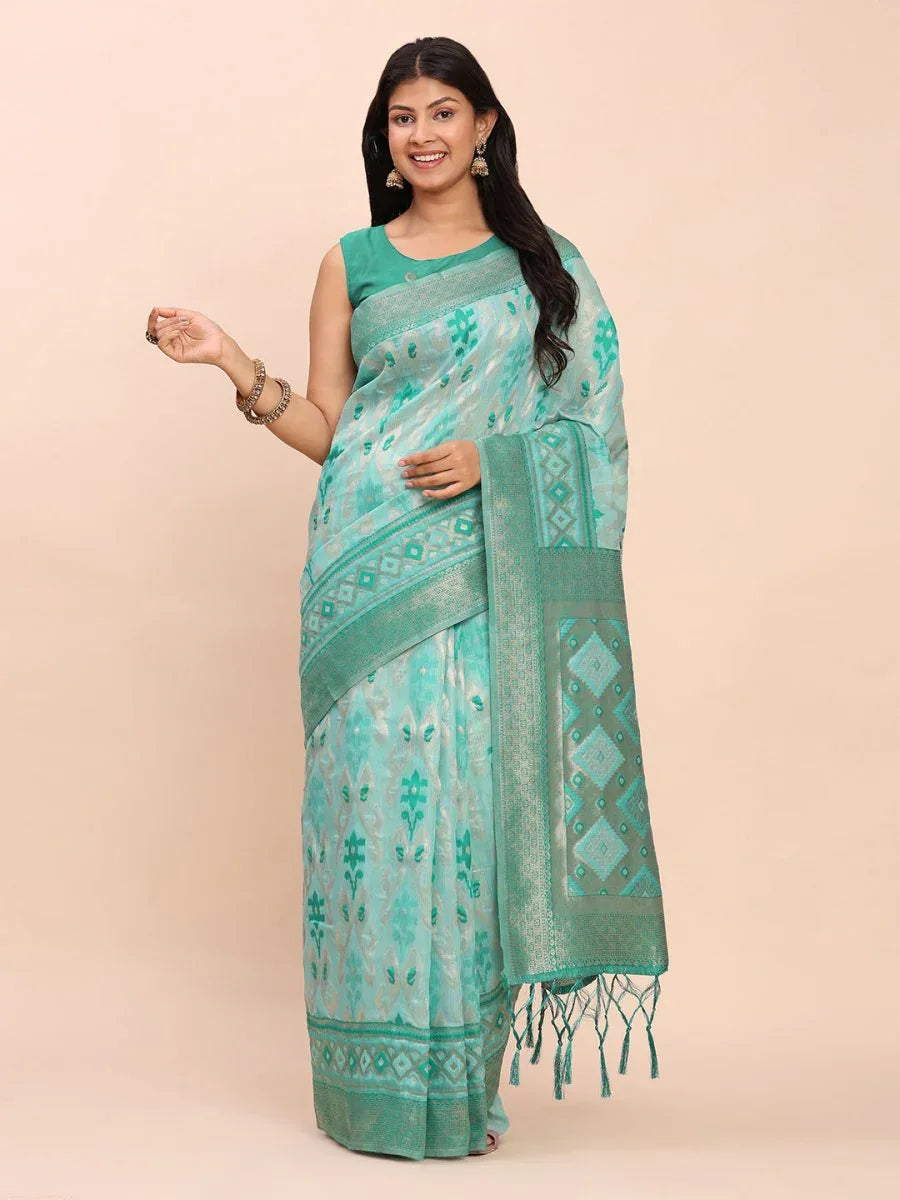 Sea Green Linen Cotton Saree With Blouse Piece - EZBER