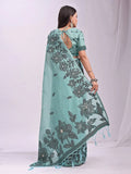 Sea Green Linen Cotton Saree With Blouse Piece - EZBER