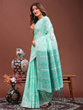 Sea Green Linen Cotton Saree With Blouse Piece - EZBER