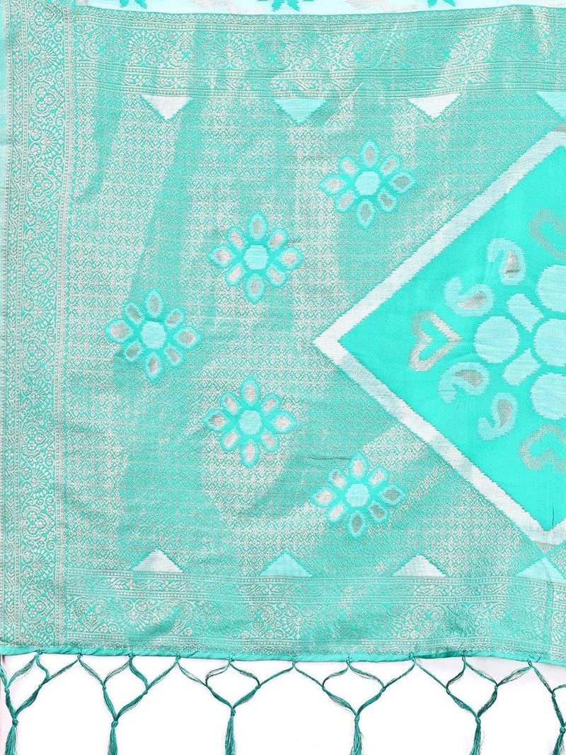 Sea Green Linen Cotton Saree With Blouse Piece - EZBER