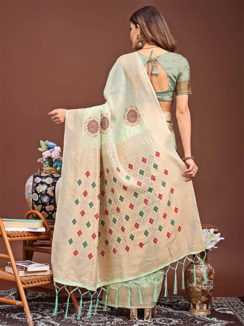 Sea Green Linen Cotton Saree With Blouse Piece - EZBER