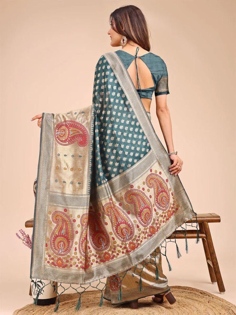 Sea Green Linen Cotton Saree With Blouse Piece - EZBER