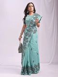 Sea Green Linen Cotton Saree With Blouse Piece - EZBER