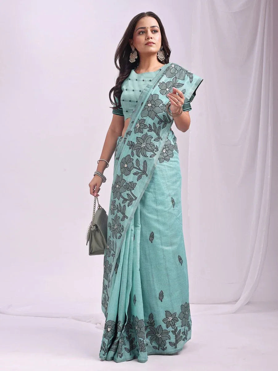 Sea Green Linen Cotton Saree With Blouse Piece - EZBER