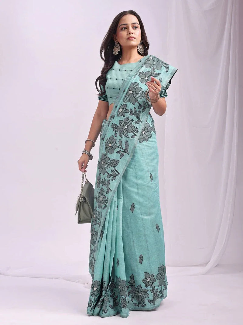 Sea Green Linen Cotton Saree With Blouse Piece - EZBER