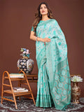 Sea Green Linen Cotton Saree With Blouse Piece - EZBER